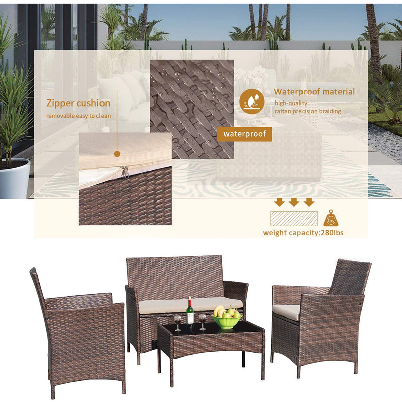 Homall 4 Pieces Outdoor Patio Furniture Black PE Rattan Wicker Table and Chairs Set Bars with Cushioned Tempered Glass, Beige Cushion