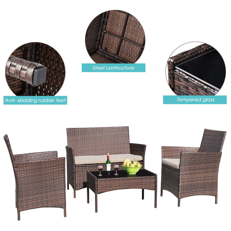 Homall 4 Pieces Outdoor Patio Furniture Black PE Rattan Wicker Table and Chairs Set Bars with Cushioned Tempered Glass, Beige Cushion