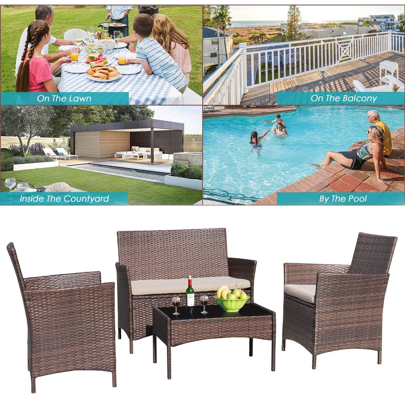 Homall 4 Pieces Outdoor Patio Furniture Black PE Rattan Wicker Table and Chairs Set Bars with Cushioned Tempered Glass, Beige Cushion