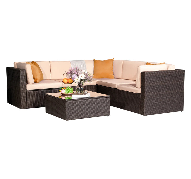 Homall 6 Pieces Outdoor Indoor Furniture Patio Sectional Sofa Sets All Weather PE Rattan Manual Wicker Conversation Set with Washable Cushions and Glass Table