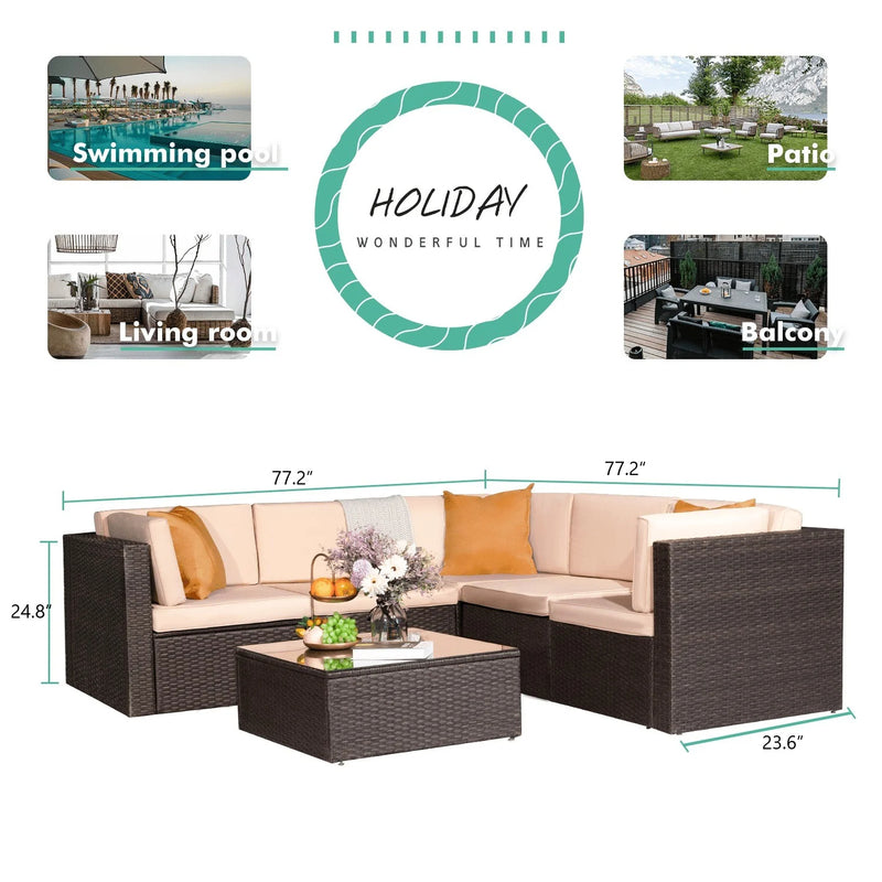Homall 6 Pieces Outdoor Indoor Furniture Patio Sectional Sofa Sets All Weather PE Rattan Manual Wicker Conversation Set with Washable Cushions and Glass Table