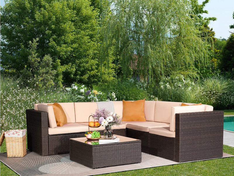 Homall 6 Pieces Outdoor Indoor Furniture Patio Sectional Sofa Sets All Weather PE Rattan Manual Wicker Conversation Set with Washable Cushions and Glass Table