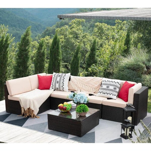 Homall 6 Pieces Outdoor Sectional Sofa Set PE Wicker Rattan Sectional Seating Group with Cushions and Table, Beige, Sectional Sets