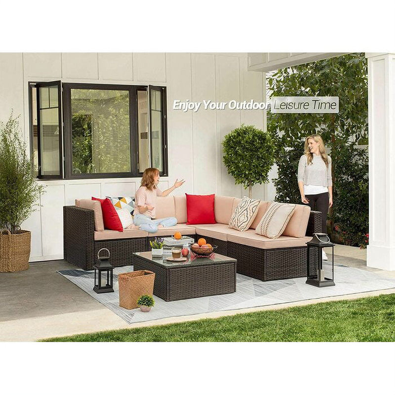 Homall 6 Pieces Outdoor Sectional Sofa Set PE Wicker Rattan Sectional Seating Group with Cushions and Table, Beige, Sectional Sets