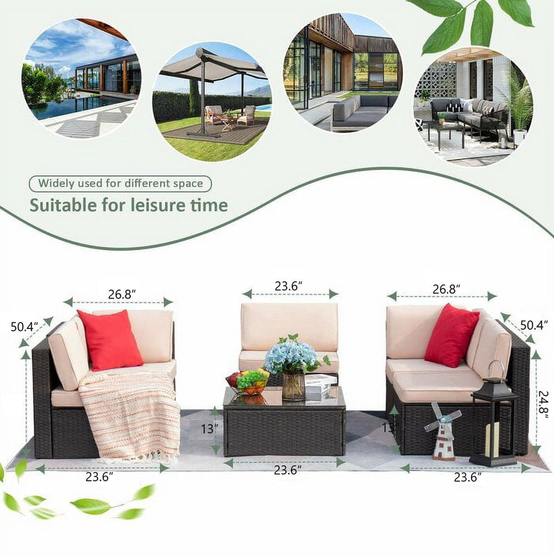 Homall 6 Pieces Outdoor Sectional Sofa Set PE Wicker Rattan Sectional Seating Group with Cushions and Table, Beige, Sectional Sets