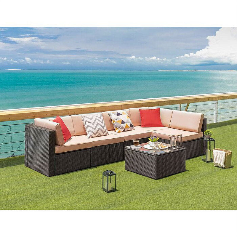 Homall 6 Pieces Outdoor Sectional Sofa Set PE Wicker Rattan Sectional Seating Group with Cushions and Table, Beige, Sectional Sets