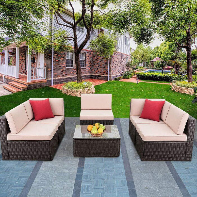 Homall 6 Pieces Outdoor Sectional Sofa Set PE Wicker Rattan Sectional Seating Group with Cushions and Table, Beige, Sectional Sets