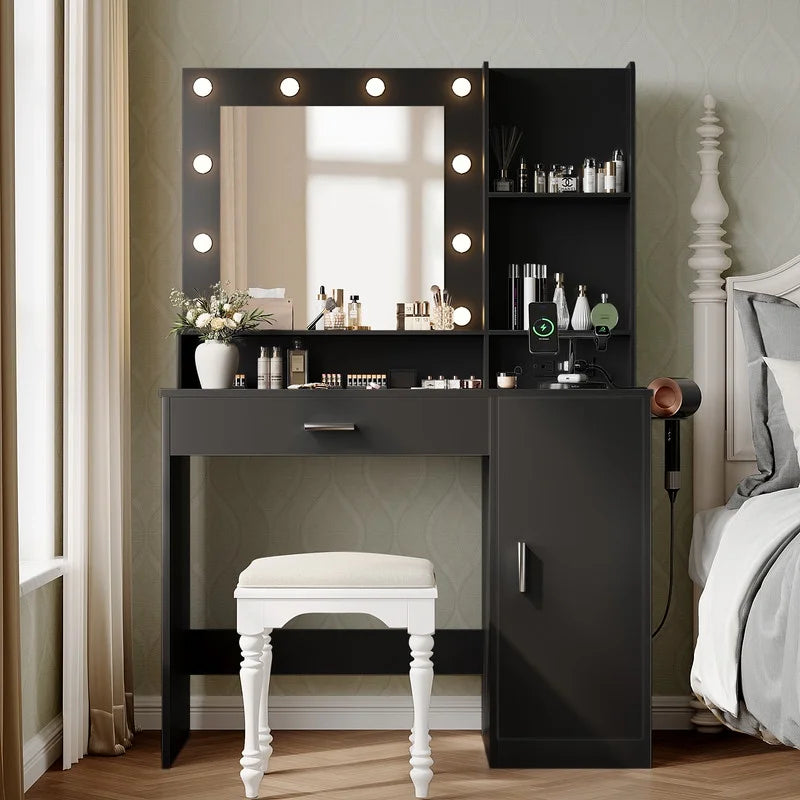 black dressing table with mirror and lights Boahaus Artemisia Lighted Makeup Vanity with Mirror, Power Outlet, Black