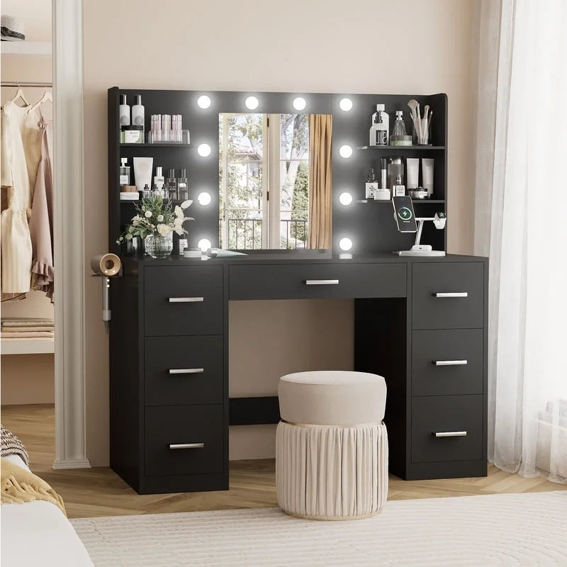 Homall Vanity Desk with Mirror, 3 Modes LED Lights and USB Power Outlet, Makeup Vanity Table with 6 Storage Shelves and 7 Drawers for Dressing Room Bedroom