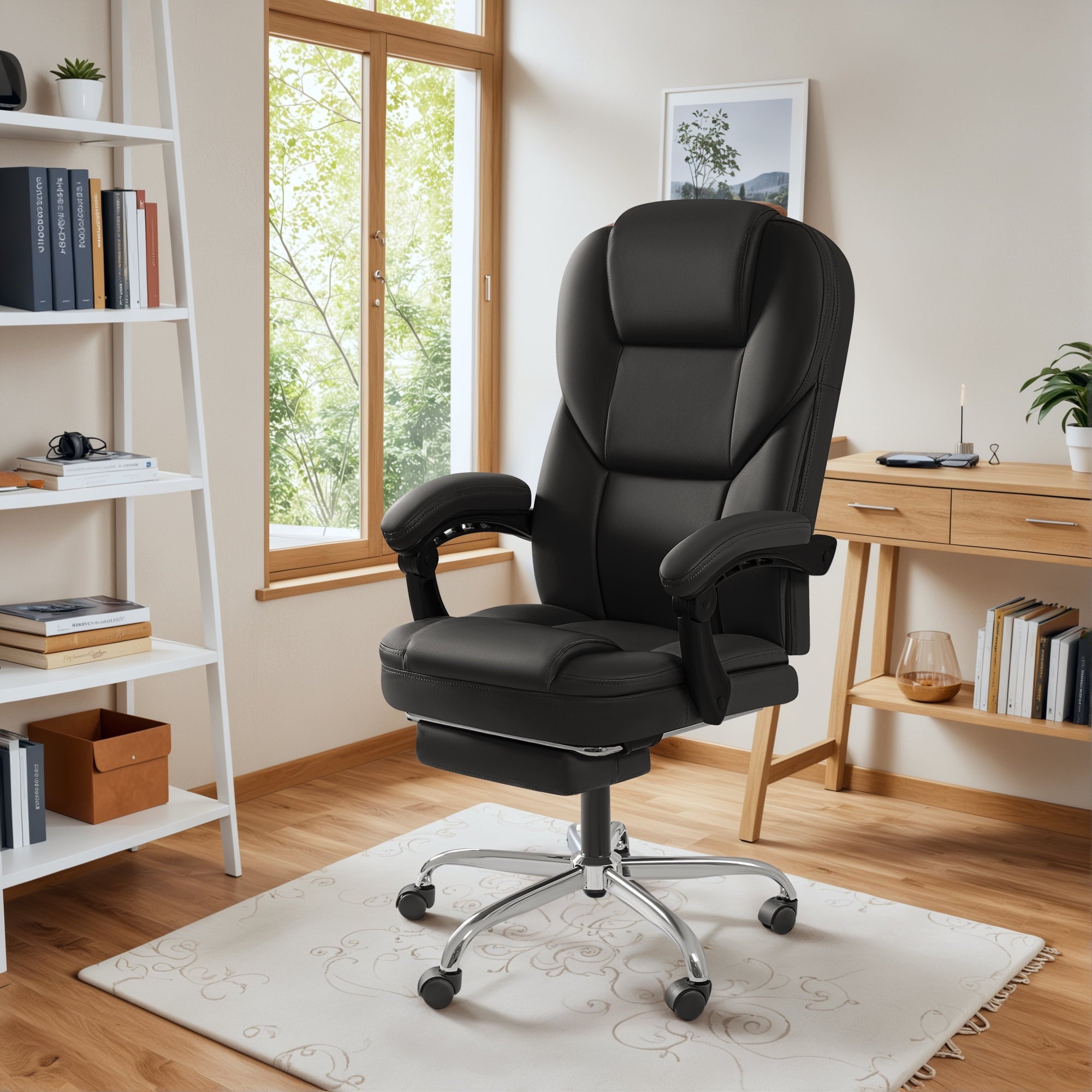 Ergonomic Chair Black Leather And Wood Office Chair Reclining