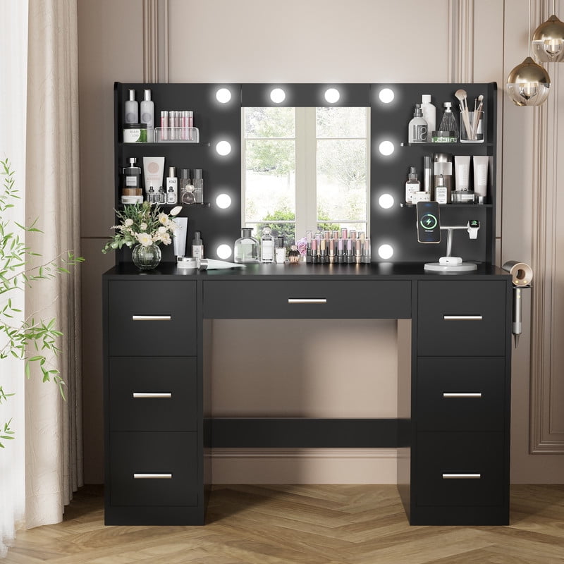 Homall Vanity Desk with Mirror, 3 Modes LED Lights and USB Power Outlet, Makeup Vanity Table with 6 Storage Shelves and 7 Drawers for Dressing Room Bedroom