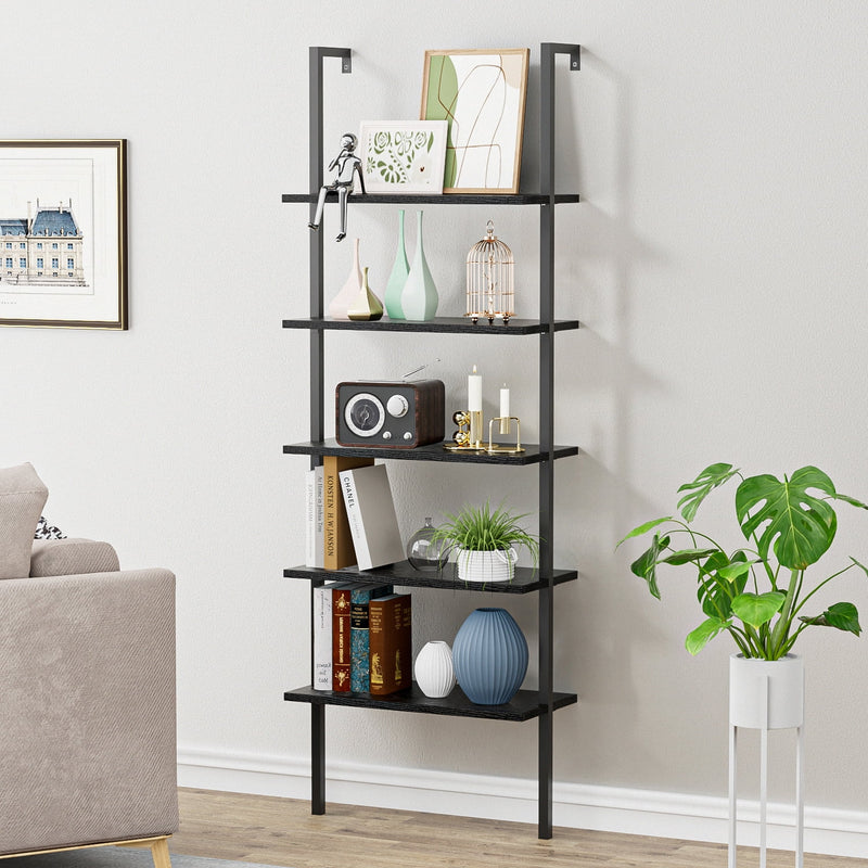 Homall Industrial Ladder Shelf, 5-Tier Wood Wall-Mounted Bookcase with Stable Metal Frame, 72 Inches Storage Rack Shelves Display Plant Flower, Stand Bookshelf for Home Office