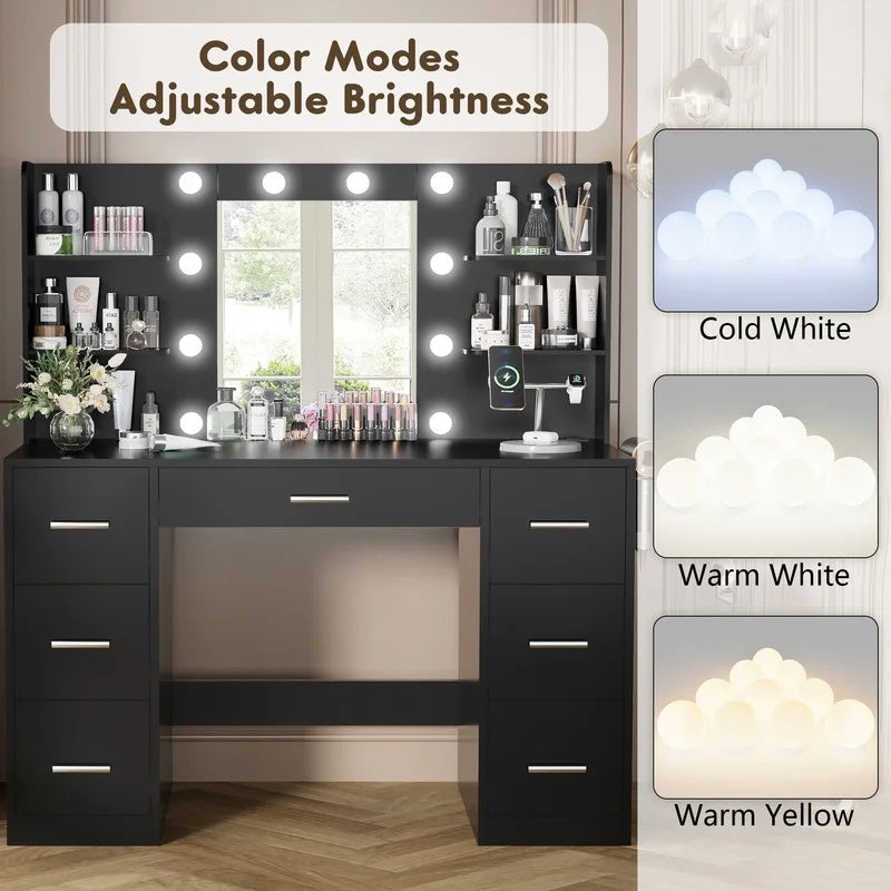 Homall Vanity Desk with Mirror, 3 Modes LED Lights and USB Power Outlet, Makeup Vanity Table with 6 Storage Shelves and 7 Drawers for Dressing Room Bedroom