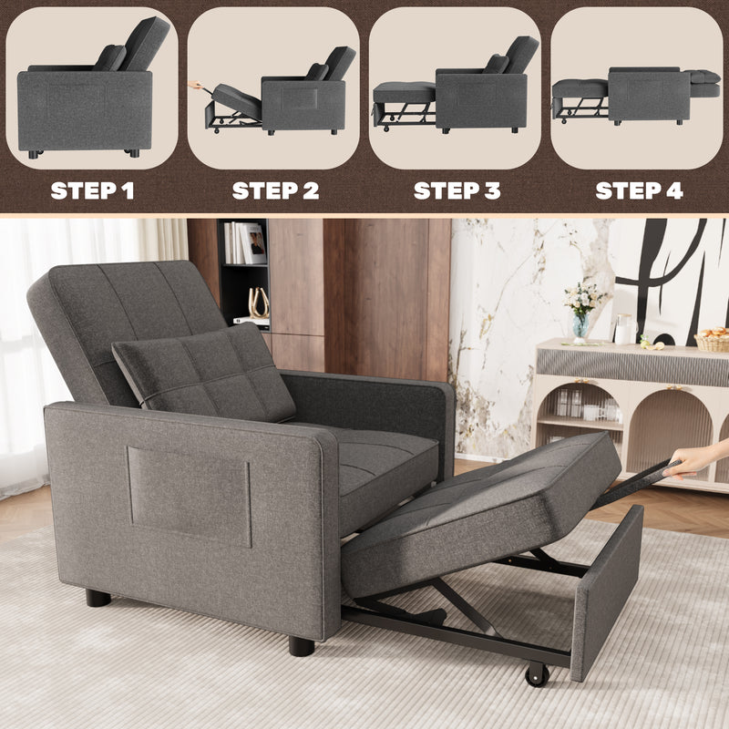 HOMCOM 4-in-1 Pull Out Sleeper Chair Bed With Pockets, Light Grey