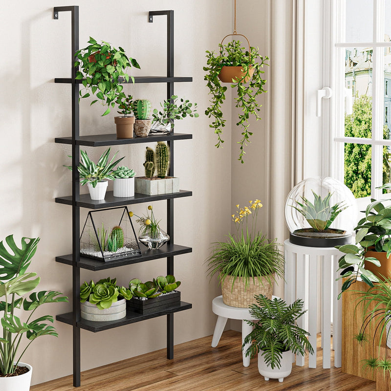 Homall Industrial Ladder Shelf, 5-Tier Wood Wall-Mounted Bookcase with Stable Metal Frame, 72 Inches Storage Rack Shelves Display Plant Flower, Stand Bookshelf for Home Office