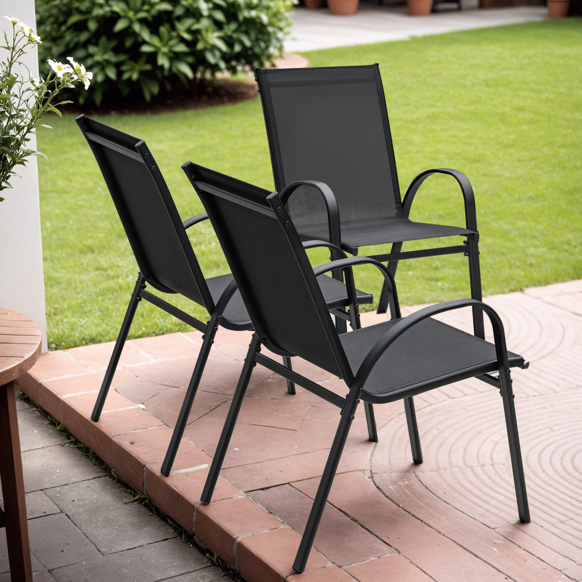 stackable black metal patio chairs