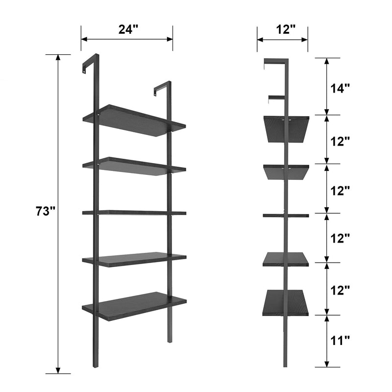 Homall Industrial Ladder Shelf, 5-Tier Wood Wall-Mounted Bookcase with Stable Metal Frame, 72 Inches Storage Rack Shelves Display Plant Flower, Stand Bookshelf for Home Office