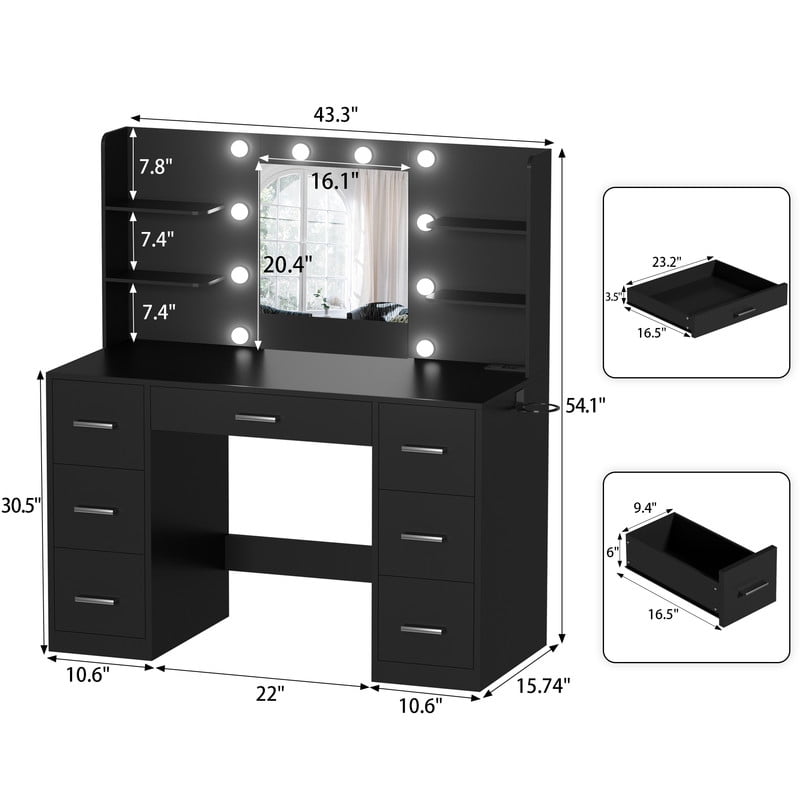 Homall Vanity Desk with Mirror, 3 Modes LED Lights and USB Power Outlet, Makeup Vanity Table with 6 Storage Shelves and 7 Drawers for Dressing Room Bedroom