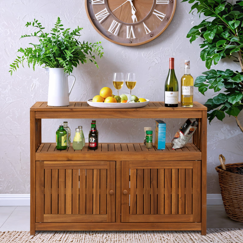 Wood Acacia Buffet Cabinet Sideboard with Storage, Double Door Wooden Coffee Bar Cabinet with Shelves For Patio Outdoor, Indoor