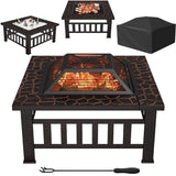 Homall 32" Patio Square Fire Pit Table for Patio Backyard BBQ, Ice Storage with Mesh Lid, Poker and Cover