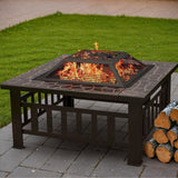 Homall 32" Patio Square Fire Pit Table for Patio Backyard BBQ, Ice Storage with Mesh Lid, Poker and Cover