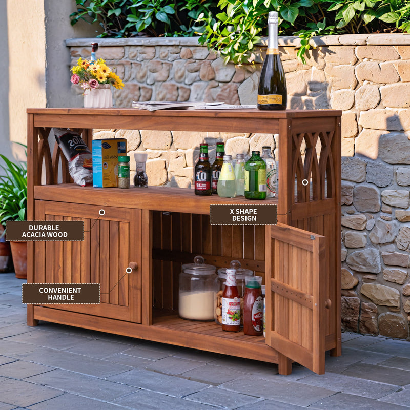 Wood Acacia Buffet Cabinet Sideboard with Storage, Double Door Wooden Coffee Bar Cabinet with Shelves For Patio Outdoor, Indoor