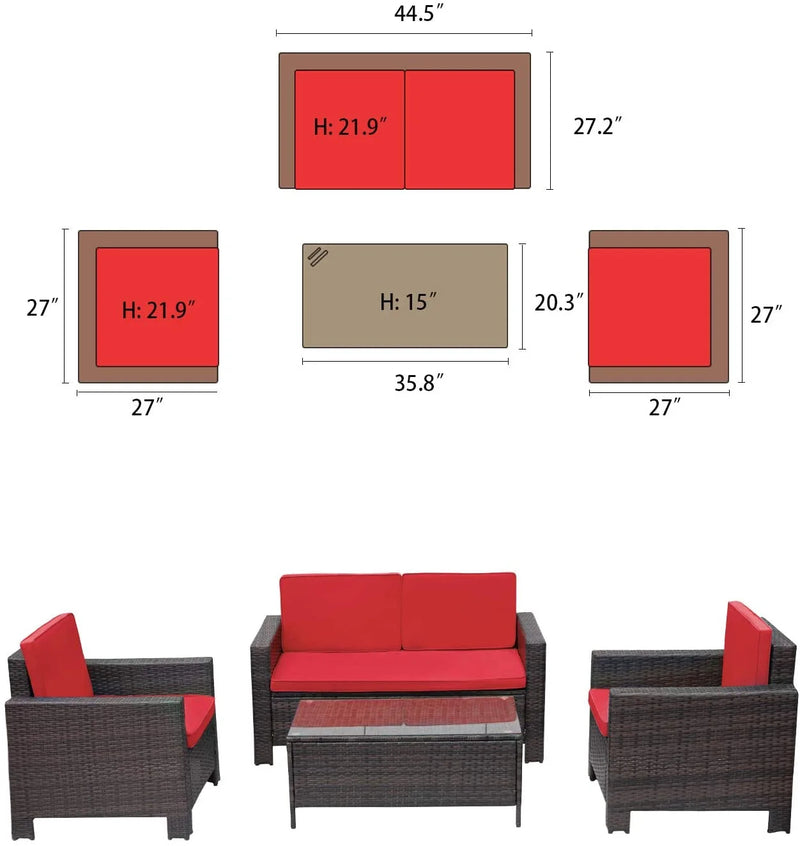 Homall 4 Pieces Outdoor Conversation Sets Patio Rattan Furniture Sets with Glass Table