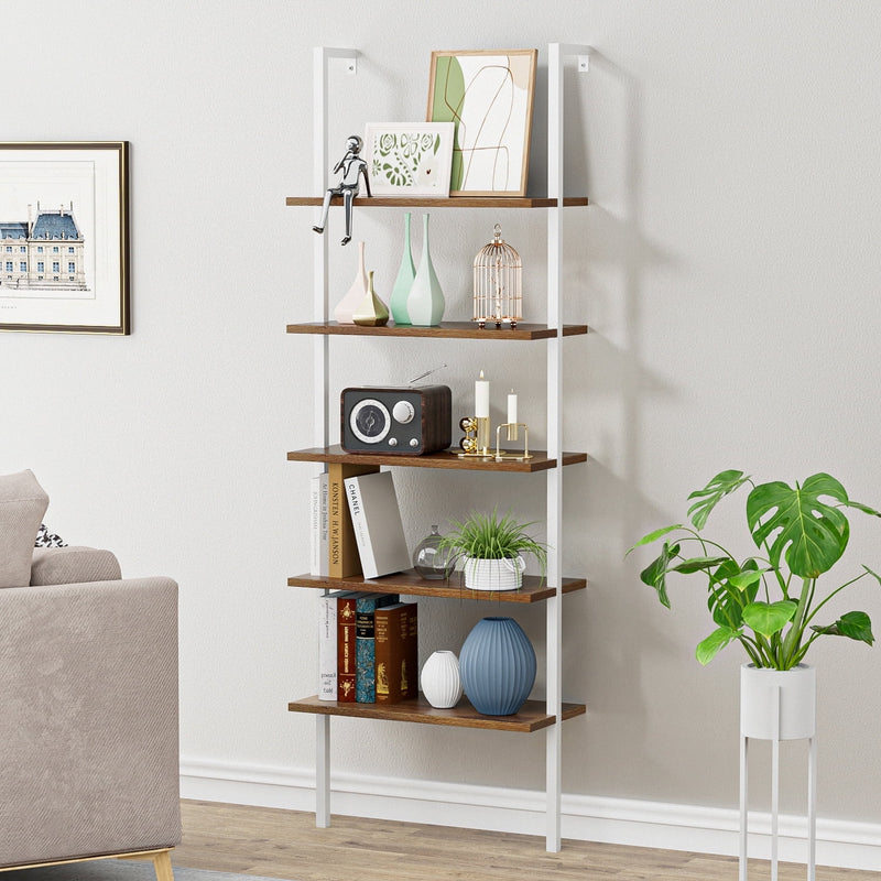 Homall Industrial Ladder Shelf, 5-Tier Wood Wall-Mounted Bookcase with Stable Metal Frame, 72 Inches Storage Rack Shelves Display Plant Flower, Stand Bookshelf for Home Office