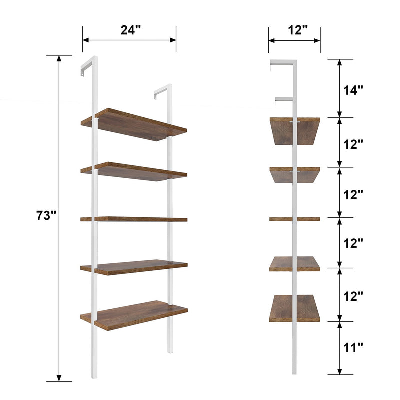 Homall Industrial Ladder Shelf, 5-Tier Wood Wall-Mounted Bookcase with Stable Metal Frame, 72 Inches Storage Rack Shelves Display Plant Flower, Stand Bookshelf for Home Office