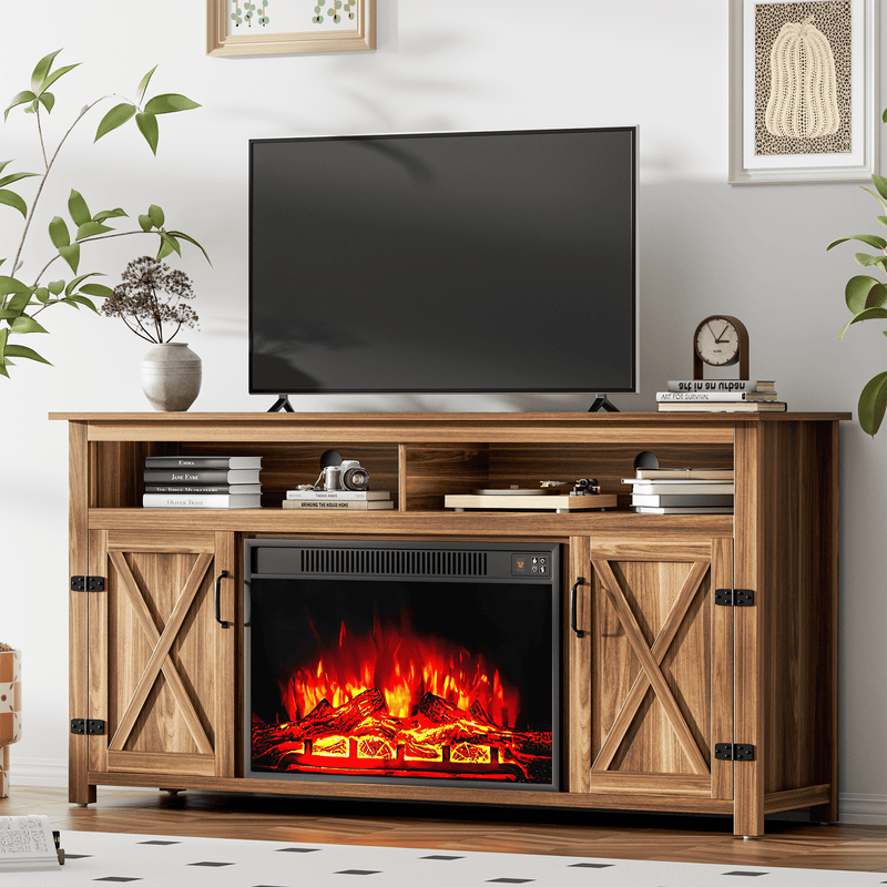 Homall Fireplace TV Stand Farmhouse TV Stand for TVs up to 65 inch with 26" Fireplace Rustic Multimedia Entertainment Center Media Console for Living Room with Barn Doors