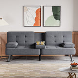 Homall Linen Upholstered Convertible Futon Sofa Bed Fabric Modern Futon Couch for Compact Living Room Apartment Dorm Couch Bed with Two Cupholders Removable Armrests and Metal Legs