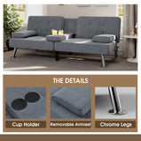 Homall Linen Upholstered Convertible Futon Sofa Bed Fabric Modern Futon Couch for Compact Living Room Apartment Dorm Couch Bed with Two Cupholders Removable Armrests and Metal Legs
