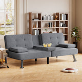 Homall Linen Upholstered Convertible Futon Sofa Bed Fabric Modern Futon Couch for Compact Living Room Apartment Dorm Couch Bed with Two Cupholders Removable Armrests and Metal Legs