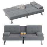Homall Linen Upholstered Convertible Futon Sofa Bed Fabric Modern Futon Couch for Compact Living Room Apartment Dorm Couch Bed with Two Cupholders Removable Armrests and Metal Legs