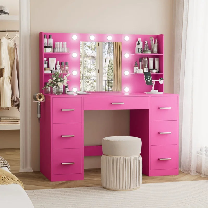 Homall Vanity Desk with Mirror, 3 Modes LED Lights and USB Power Outlet, Makeup Vanity Table with 6 Storage Shelves and 7 Drawers for Dressing Room Bedroom