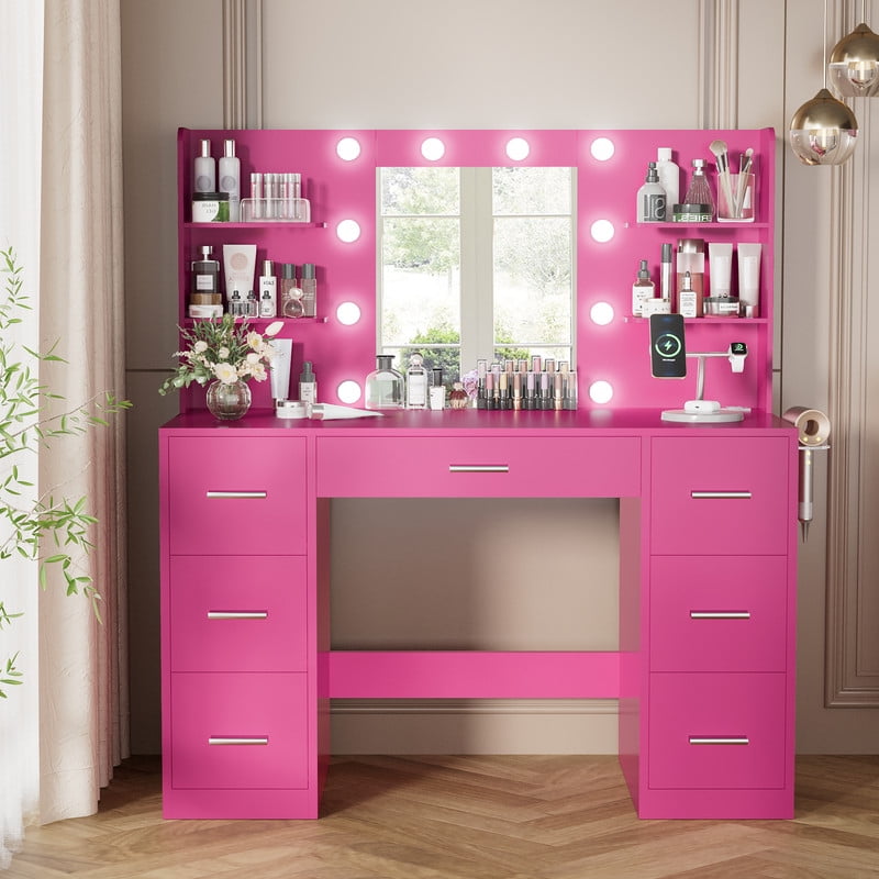 Homall Vanity Desk with Mirror, 3 Modes LED Lights and USB Power Outlet, Makeup Vanity Table with 6 Storage Shelves and 7 Drawers for Dressing Room Bedroom
