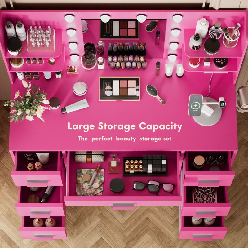 Homall Vanity Desk with Mirror, 3 Modes LED Lights and USB Power Outlet, Makeup Vanity Table with 6 Storage Shelves and 7 Drawers for Dressing Room Bedroom