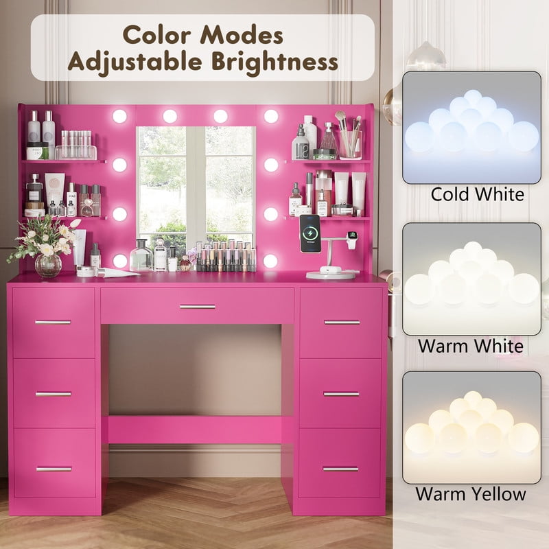 Homall Vanity Desk with Mirror, 3 Modes LED Lights and USB Power Outlet, Makeup Vanity Table with 6 Storage Shelves and 7 Drawers for Dressing Room Bedroom