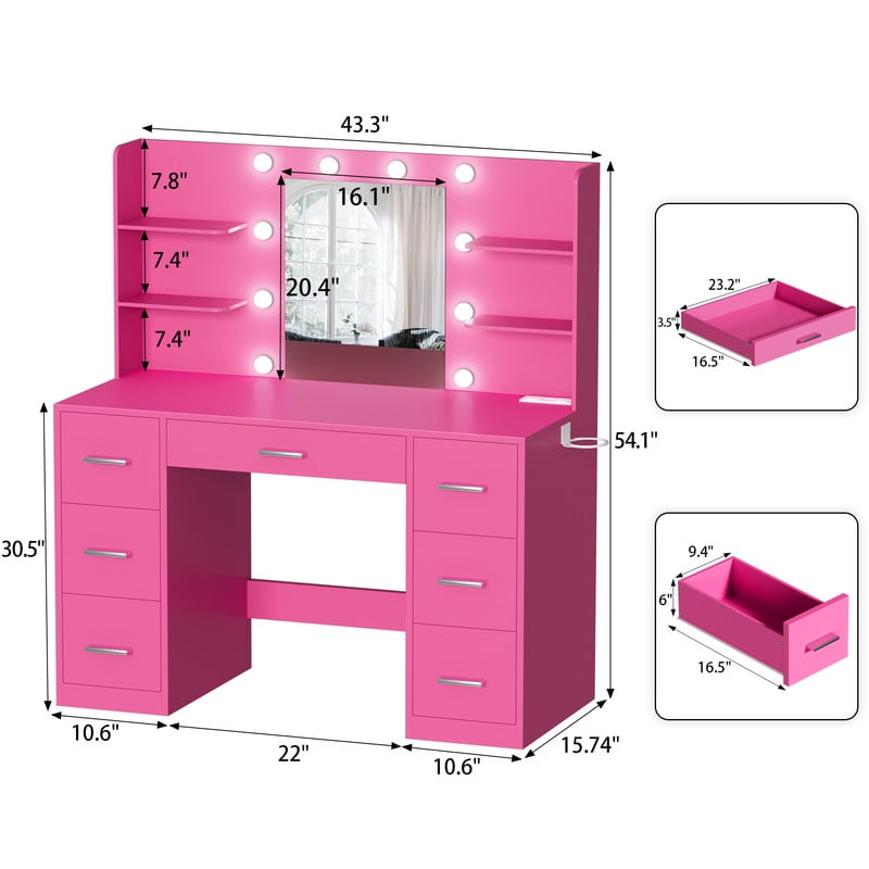 Homall Vanity Desk with Mirror, 3 Modes LED Lights and USB Power Outlet, Makeup Vanity Table with 6 Storage Shelves and 7 Drawers for Dressing Room Bedroom