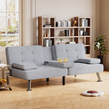 Homall Linen Upholstered Convertible Futon Sofa Bed Fabric Modern Futon Couch for Compact Living Room Apartment Dorm Couch Bed with Two Cupholders Removable Armrests and Metal Legs