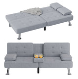 Homall Linen Upholstered Convertible Futon Sofa Bed Fabric Modern Futon Couch for Compact Living Room Apartment Dorm Couch Bed with Two Cupholders Removable Armrests and Metal Legs