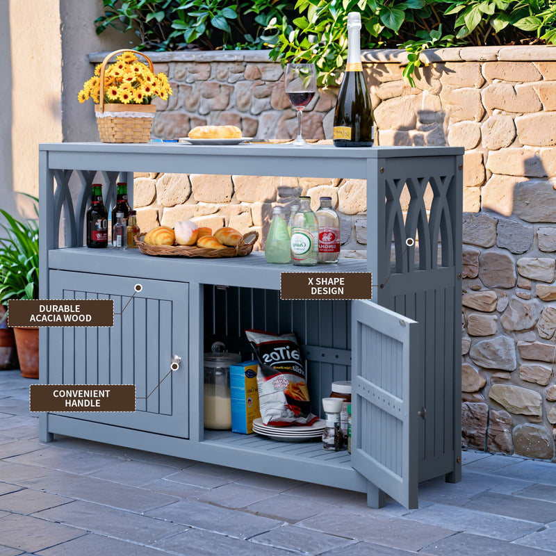 Wood Acacia Buffet Cabinet Sideboard with Storage, Double Door Wooden Coffee Bar Cabinet with Shelves For Patio Outdoor, Indoor