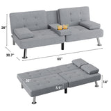 Homall Linen Upholstered Convertible Futon Sofa Bed Fabric Modern Futon Couch for Compact Living Room Apartment Dorm Couch Bed with Two Cupholders Removable Armrests and Metal Legs