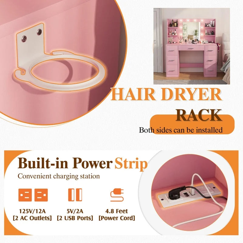 Homall Vanity Desk Set with Mirror, Drawers, and USB Power Outlet Makeup Vanity with Adjustable Lights in 3 Modes