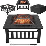 Homall 32" Patio Square Fire Pit Table for Patio Backyard BBQ, Ice Storage with Mesh Lid, Poker and Cover