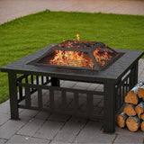 Homall 32" Patio Square Fire Pit Table for Patio Backyard BBQ, Ice Storage with Mesh Lid, Poker and Cover