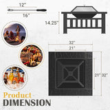 Homall 32" Patio Square Fire Pit Table for Patio Backyard BBQ, Ice Storage with Mesh Lid, Poker and Cover