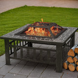 Homall 32" Patio Square Fire Pit Table for Patio Backyard BBQ, Ice Storage with Mesh Lid, Poker and Cover