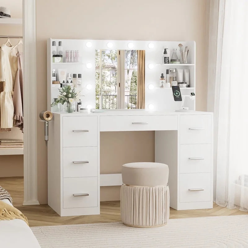 Homall Vanity Desk with Mirror, 3 Modes LED Lights and USB Power Outlet, Makeup Vanity Table with 6 Storage Shelves and 7 Drawers for Dressing Room Bedroom