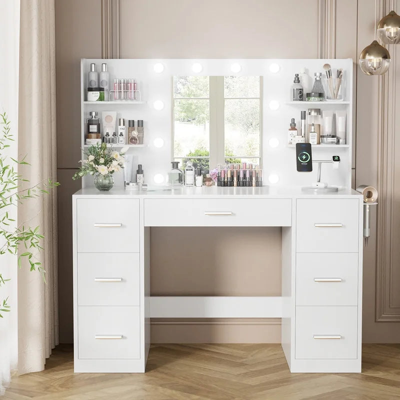 Homall Vanity Desk with Mirror, 3 Modes LED Lights and USB Power Outlet, Makeup Vanity Table with 6 Storage Shelves and 7 Drawers for Dressing Room Bedroom